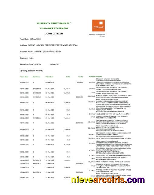 Nigeria Guaranty Trust Bank Plc account statement Word and PDF, version 2